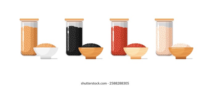 Kitchen food containers, glass jars and ceramic or wooden bowls with red, white, brown and black rice. Clear plastic jars with lids for bulk and cereals, set of vector flat cartoon illustrations