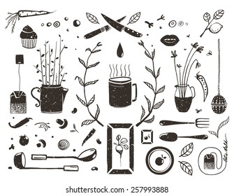 Kitchen Food and Drinking Tea Cosy Design Elements on White. Eat and Drink black and white rustic objects collection. Vector EPS10.