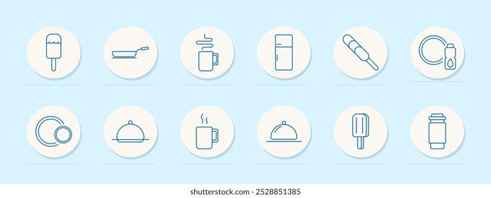 Kitchen food icon. Ice cream, frying pan, coffee, refrigerator, rolling pin, detergent, plates, tray, cup, drink, cleaning, meal preparation, cooking, beverage, dessert, kitchen tools, food storage