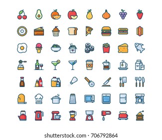 Kitchen and food icon set, filled outline style