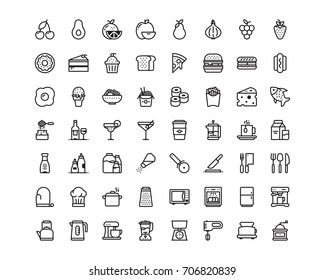 Kitchen and food icon set, outline style