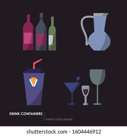Kitchen and food icons. Drink containers Glass of wine, cocktail glass, glass of soda and jug of water. Color images.
