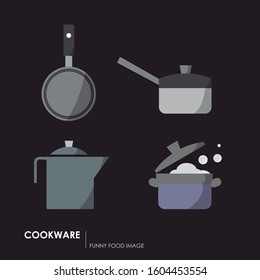 Kitchen and food icons. Frying pan, steam pot and jug of water. Color images.