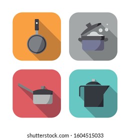 Kitchen and food icons. Frying pan, steam pot and jug of water. Color images.