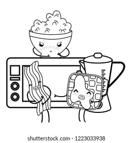 Kitchen and food kawaii cartoons in black and white