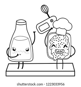 Kitchen and food kawaii cartoons in black and white