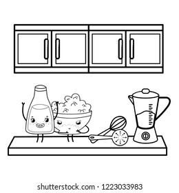 Kitchen and food kawaii cartoons in black and white