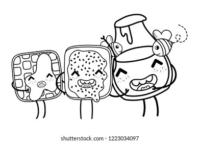 Kitchen and food kawaii cartoons in black and white