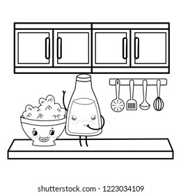 Kitchen and food kawaii cartoons in black and white