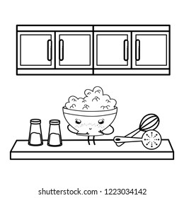 Kitchen and food kawaii cartoons in black and white