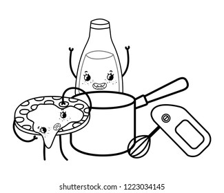 Kitchen and food kawaii cartoons in black and white