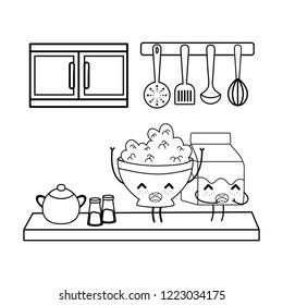 Kitchen and food kawaii cartoons in black and white