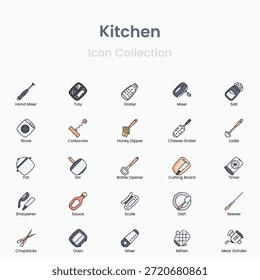 Ícones vetoriais de cozinha e preparação de alimentos com ferramentas, utensílios e pratos