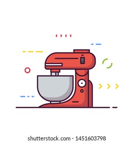 Kitchen food processor machine vector. Kitchen mixer machine for cooking. Red modern electric kitchen appliance. Restaurant kitchen equipment. Line style vector illustrations with thick lines.