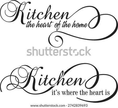 Kitchen and food quote decors, human-made vector wall art series. Non-AI ornamental calligraphy inspirational sign designs, lettering phrases for wall decals, house and restaurant interior decor quotes, family home signs, posters, motivational kitchen and gastronomy signs, welcome signs.