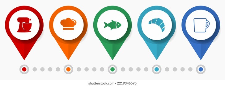 Kitchen, food, restaurant concept vector icon set, flat design pointers, infographic template