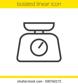 Kitchen food scales linear icon. Thin line illustration. Contour symbol. Vector isolated outline drawing