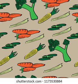 kitchen food seamless vector design pattern background carrots corn celery broccoli peas green orange yellow