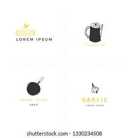 Kitchen and food set of colored hand drawn vector logo templates. Isolated symbols for business branding and identity, for grocery stores and cooking classes, for food blogs and websites.