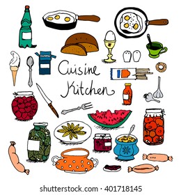 Kitchen and food set hand drawn colorful sketches, vintage style