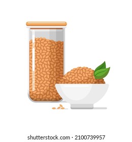 Kitchen food storage container and white ceramic bowl full of brown rice. Closed transparent jar for dry bulk products. Vector isolated colorful illustration