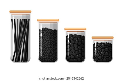 Kitchen food storage containers with black pasta, rice, beans and salt. Closed transparent boxes for dry bulk products. Set of vector isolated illustrations