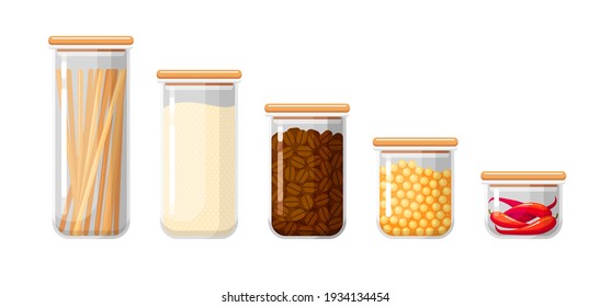 Kitchen food storage containers with pasta, flour, coffee beans, peas and hot peppers. Sealed plastic transparent boxes for dry bulk products. Set of vector colorful flat illustrations