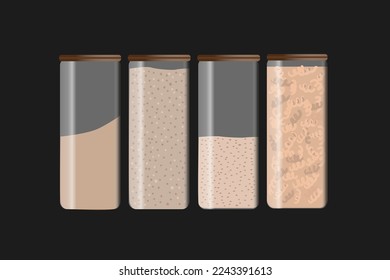 Kitchen food storage containers for pasta, flour, coffee beans, peas and hot peppers. Sealed plastic transparent boxes for dry bulk products. Set of vector colorful flat illustrations