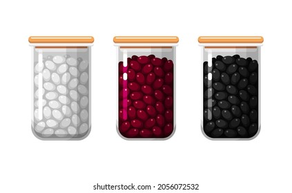 Kitchen food storage containers with white, red and black beans. Closed transparent boxes for dry bulk products. Set of vector isolated colorful illustrations