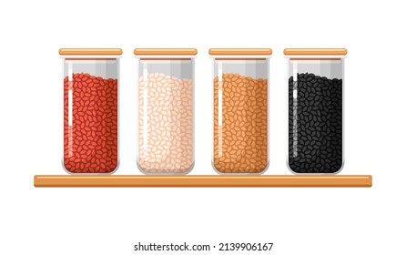 Kitchen food storage jars with white, red, brown, black rice. Closed transparent glass or plastic containers for dry bulk products. Set of vector isolated colorful illustrations