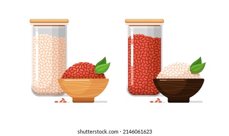 Kitchen food storage jars, wooden bowls with white, red rice. Closed transparent glass or plastic containers for dry bulk products. Set of vector isolated colorful illustrations