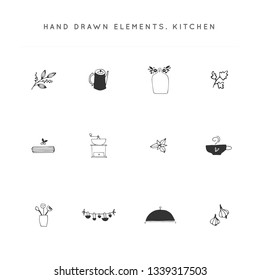 Kitchen and food theme. Set of vector hand drawn logo graphic elements. Isolated symbols for business branding and identity, for food blogs and websites, for cooking classes and grocery stores.