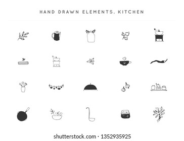 Kitchen and food theme. Set of vector hand drawn logo elements. Isolated symbols for business branding and identity, for food blogs and websites, for cooking classes and grocery stores.