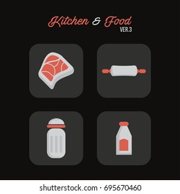 Kitchen and Food Ver.3 | | This vector pack has 4 icons, such as meat, rolling pin, pepper shaker, and sauce bottle.