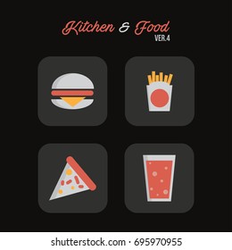 Kitchen and Food Ver.4 | This vector pack has 4 icons, such as hamburger, french fries, pizza, and soft drink.