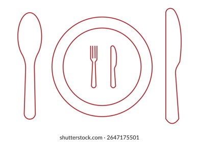 Kitchen fork and spoon set, knife with plate vector icon. Symbol of flatware isolated on transparent background. Utensil for eat. Logo for restaurant, cafe, hotel menu, place setting , graphic design.