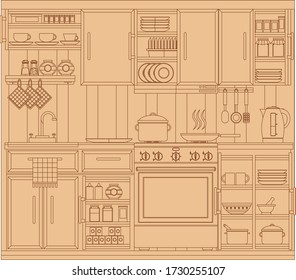 The kitchen in the form of a sketch on a brown background. Vector illustration.