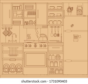 The kitchen in the form of a sketch on a brown background. Vector illustration.