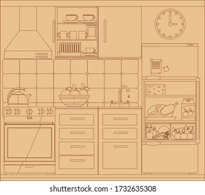 The kitchen in the form of a sketch on a brown background. Vector illustration.
