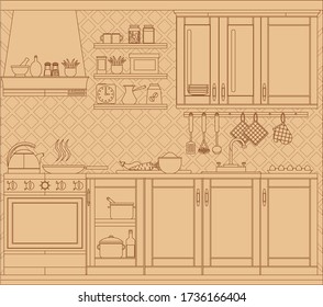 The kitchen in the form of a sketch on a brown background. Vector illustration.