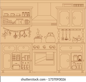 Die Küche in Form einer Skizze auf braunem Hintergrund. Vector-Abbildung.