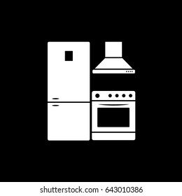 Kitchen Fridge Exhaust Hood And Oven With Stove Flat Icon On Black Background