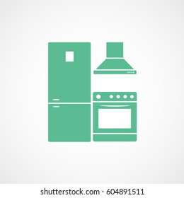 Kitchen Fridge Exhaust Hood And Stove With Oven Green Flat Icon On White Background