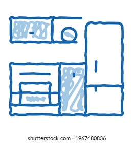 Küche mit Kühlschrank Skizze Symbol Vektorgrafik. Handgezeichnete blaue Doodle Linie Kunst Küche mit Fridge Schild. einzelne Symbolillustration