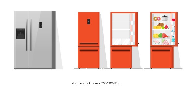 Kitchen fridge stainless side by side vector or metal color refrigerator freezer isolated front with closed and open door with food on white background flat cartoon illustration