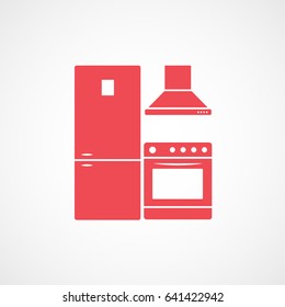 Kitchen Fridge Stove With Oven And Exhaust Hood Red Flat Icon On White Background