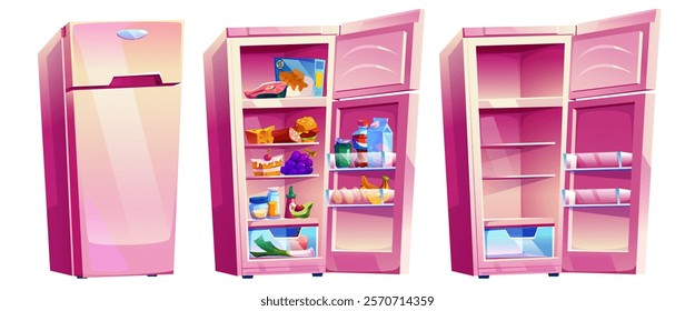 Kitchen fridges set isolated on white background. Vector cartoon illustration of open and closed, full and open refrigerators with fruit, vegetables, cheese, sausage, cake, eggs, milk, soda on shelves