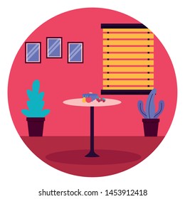 kitchen fruits table window plants furniture sticker vector illustration