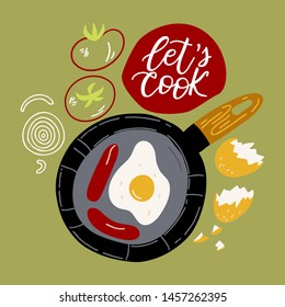 Kitchen frying pan with scrambled eggs and lettering - Let's cook. Hand-drawn coloured illustration in sketch style. 