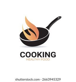 Kitchen Frypan Logo with Orange Flame Concept